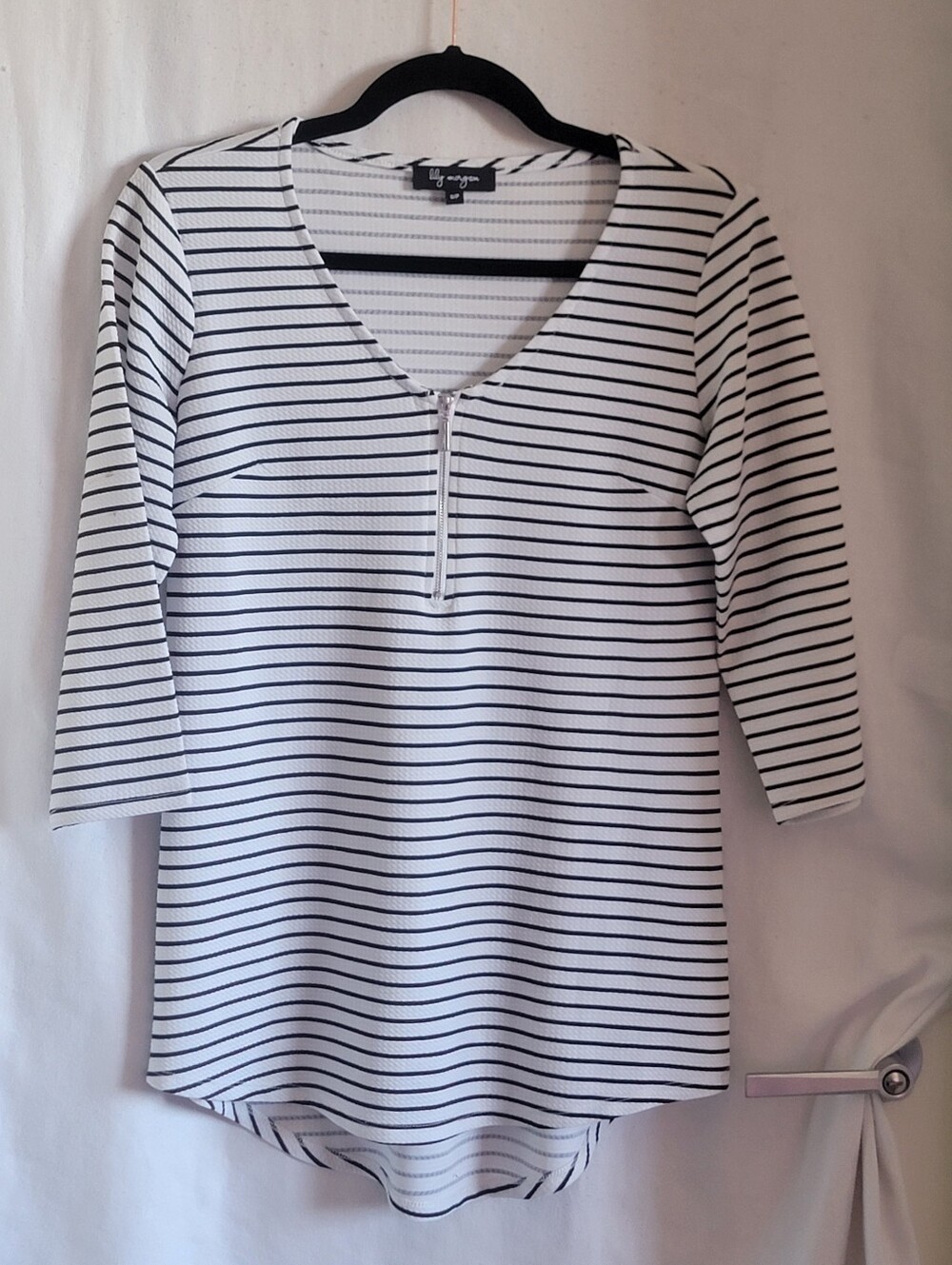 White & Black Striped Zip-Front Women's Top